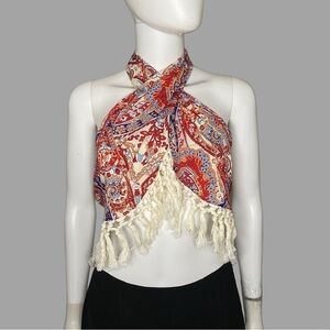 SHEIN Bohemian Paisley Print Neck Tie‎ With Tassels Blouse